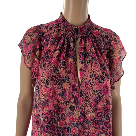 A.L.C. Hayley Pink Floral Metallic Short Flutter Sleeve Silk Top - Picture 6 of 12